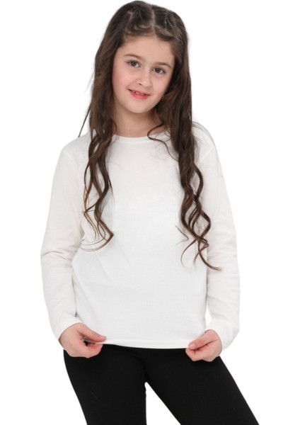 Kız Çocuk Uzun Kollu Bisiklet Yaka Pamuklu Baskısız Tişört