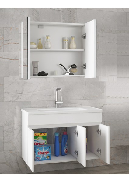 Alfa Banyo Viola3 Beyaz 80 cm Mdf - Ayna Dolaplı - Seramik Lavabolu Banyo Dolabı - Demonte Değil