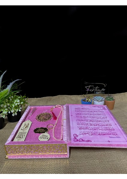 Kur'an-I Kerim Seti Kadife Kaplı Bilgisayar Hatlı Sandık Kutulu - Pembe fırsatları