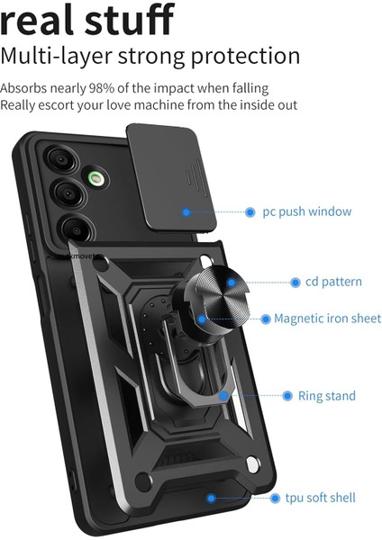 Samsung Galaxy A16 Kılıf Kamera Korumalı Sürgülü Yüzüklü Standlı Military Armor Zırh Tank Kızaklı Kapak