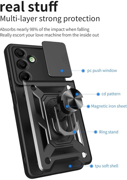 M.tk moveteck Samsung Galaxy A16 Kılıf Kamera Korumalı Sürgülü Yüzüklü Standlı Military Armor Zırh Tank Kızaklı Kapak