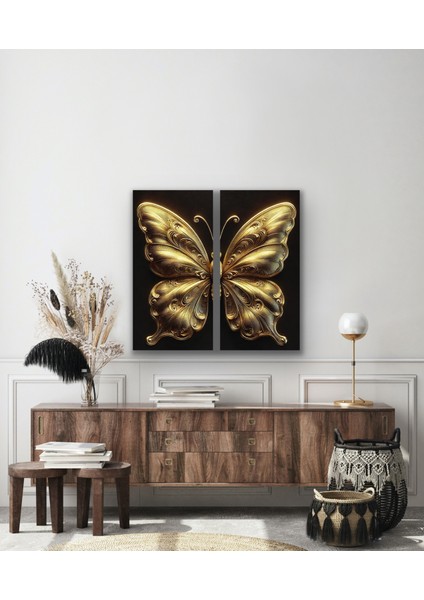 2li Gold Eskitme Kelebek Kanvas Tablo 60 x 120 cm x 2