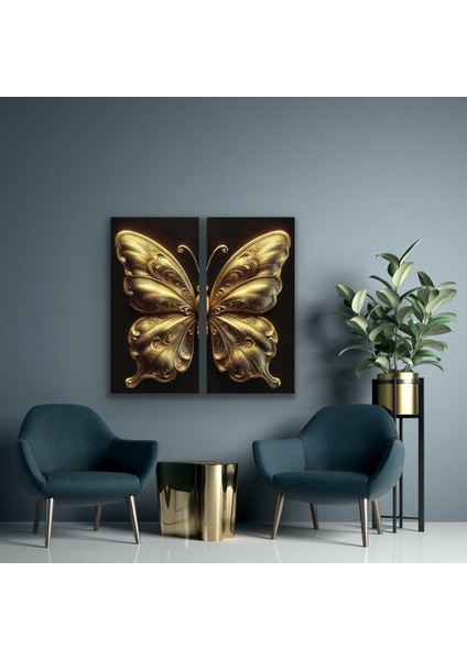 2li Gold Eskitme Kelebek Kanvas Tablo 60 x 120 cm x 2 modelleri