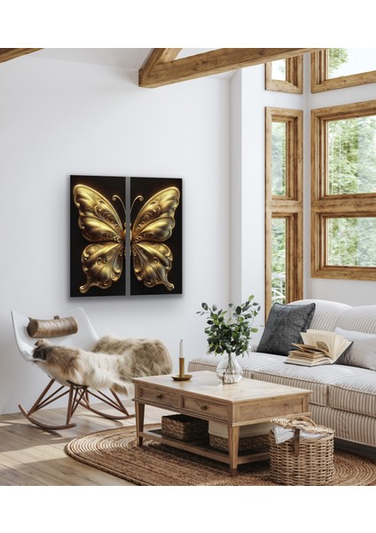 2li Gold Eskitme Kelebek Kanvas Tablo 60 x 120 cm x 2 fırsatları