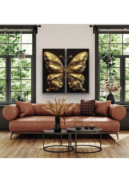 2li Gold Eskitme Kelebek Kanvas Tablo 60 x 120 cm x 2 indirimleri