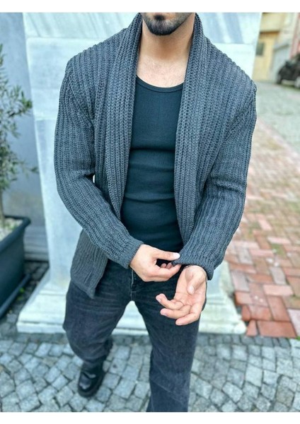 Hırka Kalın Örgü Şal Yaka Cepli Panço Triko Hırka Kapamasız