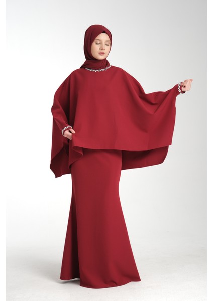 Taş İşlemeli Bordo Kadın Tesettür Elbise 2'li Abiye Takım