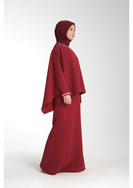 Taş İşlemeli Bordo Kadın Tesettür Elbise 2'li Abiye Takım fiyatları