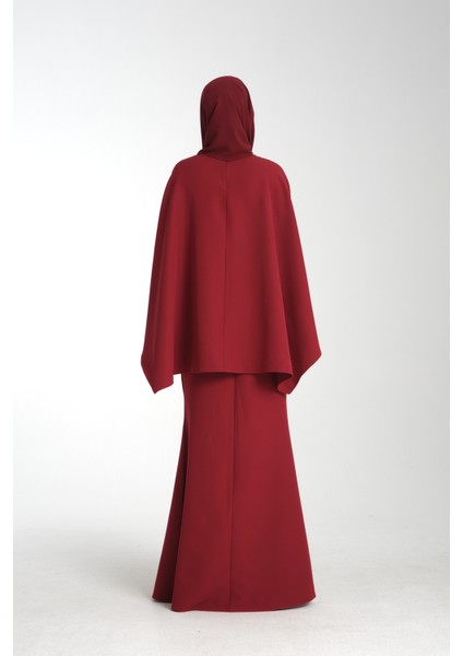 Taş İşlemeli Bordo Kadın Tesettür Elbise 2'li Abiye Takım modelleri