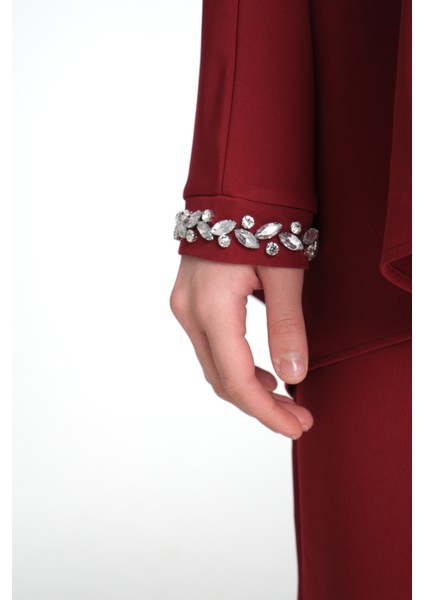 Taş İşlemeli Bordo Kadın Tesettür Elbise 2'li Abiye Takım fırsatları