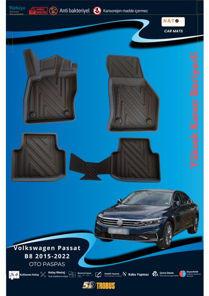 Volkswagen Passat B8 2015-2022 Için 5,5d Carbon Style Havuzlu Paspas - Tpe Malzeme