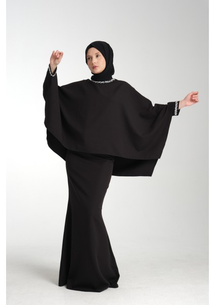 Taş İşlemeli Siyah Kadın Tesettür Elbise 2'li Abiye Takım