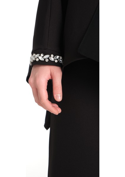 Taş İşlemeli Siyah Kadın Tesettür Elbise 2'li Abiye Takım modelleri