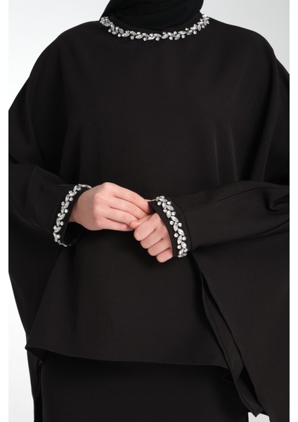 Taş İşlemeli Siyah Kadın Tesettür Elbise 2'li Abiye Takım fırsatları