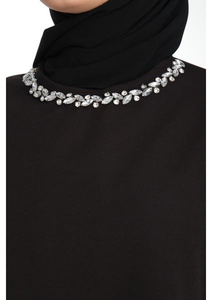 Taş İşlemeli Siyah Kadın Tesettür Elbise 2'li Abiye Takım indirimleri