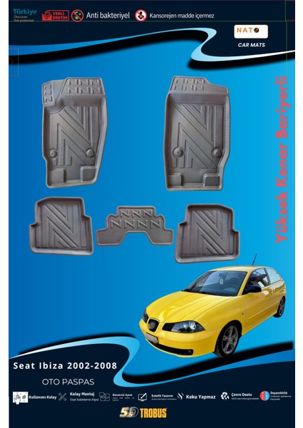 Seat Ibiza 2002-2008 Için 5,5d Carbon Style Havuzlu Paspas - Tpe Malzeme