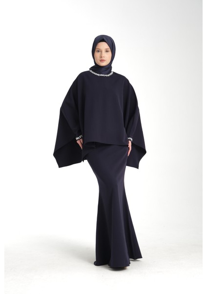 Taş İşlemeli Lacivert Kadın Tesettür Elbise 2'li Abiye Takım