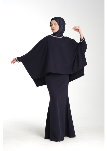 Taş İşlemeli Lacivert Kadın Tesettür Elbise 2'li Abiye Takım fiyatları