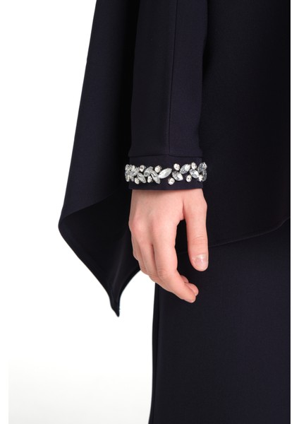 Taş İşlemeli Lacivert Kadın Tesettür Elbise 2'li Abiye Takım modelleri