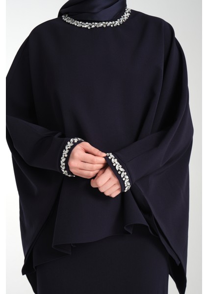 Taş İşlemeli Lacivert Kadın Tesettür Elbise 2'li Abiye Takım fırsatları