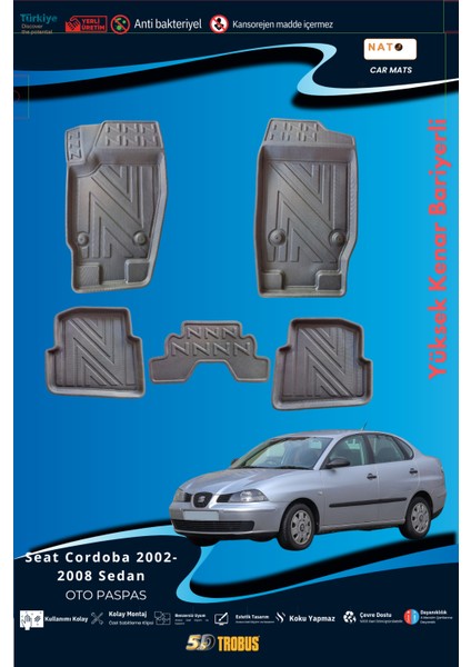 Seat Cordoba 2002-2008 Sedan  Için 5,5d Carbon Style Havuzlu Paspas - Tpe Malzeme