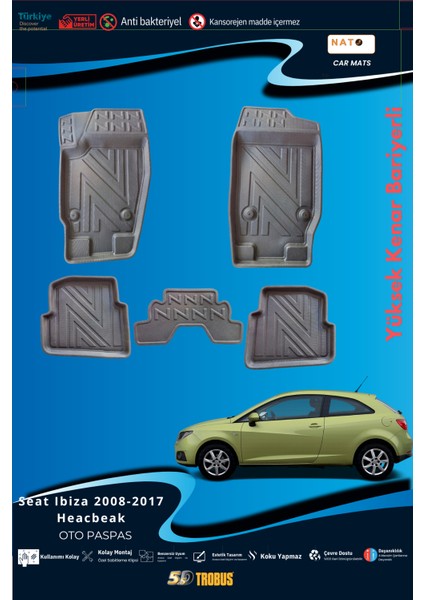 Seat Ibiza 2008-2017 Hatchback Için 5,5d Carbon Style Havuzlu Paspas - Tpe Malzeme