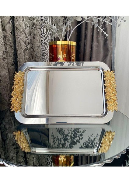 1 Adet Tekli Kahve & Çay & Sunum Dikdörtgen Büyük Sunum Tepsisi Çelik Gül Model Gold 30 cm