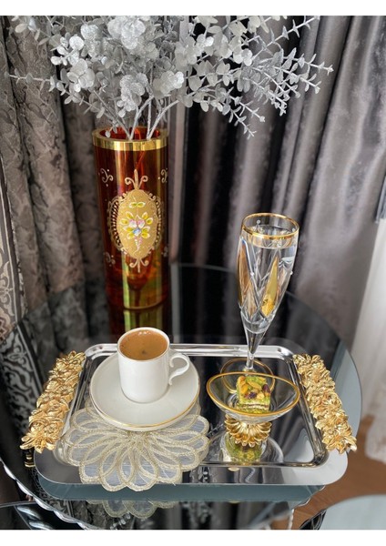1 Adet Tekli Kahve & Çay & Sunum Dikdörtgen Büyük Sunum Tepsisi Çelik Gül Model Gold 30 cm fiyatları