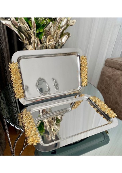 1 Adet Tekli Kahve & Çay & Sunum Dikdörtgen Büyük Sunum Tepsisi Çelik Gül Model Gold 30 cm modelleri