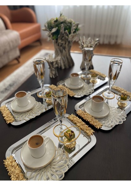 1 Adet Tekli Kahve & Çay & Sunum Dikdörtgen Büyük Sunum Tepsisi Çelik Gül Model Gold 30 cm fırsatları