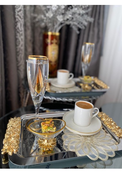 1 Adet Tekli Kahve & Çay & Sunum Dikdörtgen Büyük Sunum Tepsisi Çelik Gül Model Gold 30 cm indirimleri