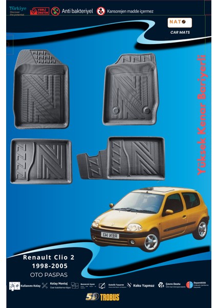 Renault Clio 2 1998-2005 Için 5,5d Carbon Style Havuzlu Paspas - Tpe Malzeme