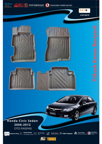 Honda Civic Sedan 2006-2012  Için 5,5d Carbon Style Havuzlu Paspas - Tpe Malzeme