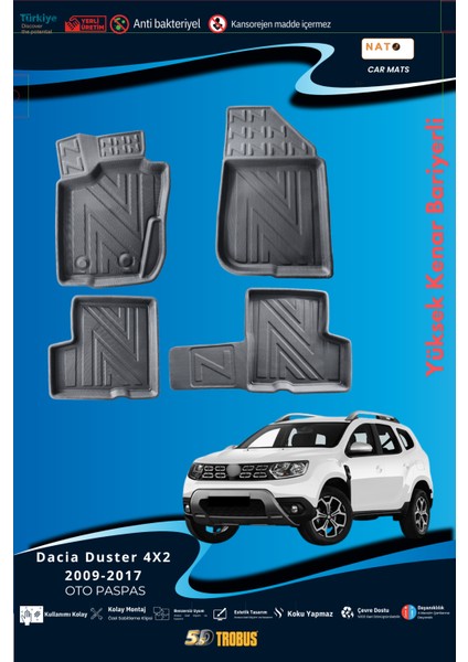 Dacia Duster 4x2 2009-2017 Için 5,5d Carbon Style Havuzlu Paspas - Tpe Malzeme