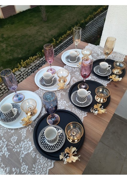 Siyah Beyaz Iki Renk 6 Lı Kelebekli Yuvarlak Dekoratif Çay Kahve Sunum Tepsisi