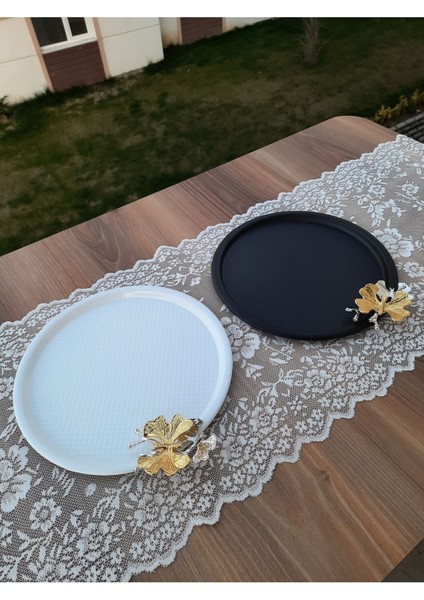 Siyah Beyaz Iki Renk 6 Lı Kelebekli Yuvarlak Dekoratif Çay Kahve Sunum Tepsisi modelleri