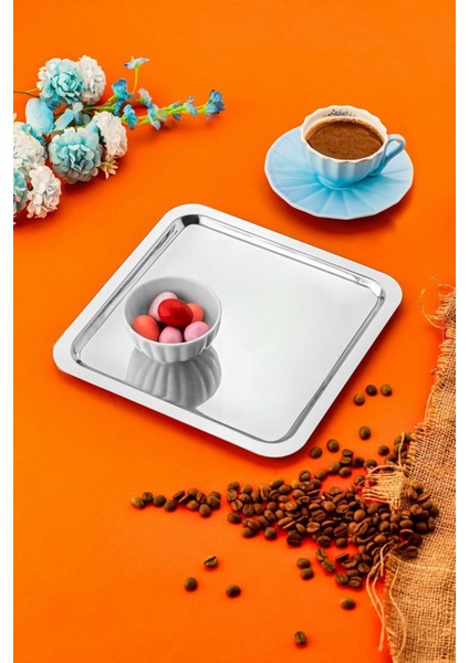 6'lı Lüx Kare Paslanmaz Çelik Kahve Çay Ikram ve Sunum Tepsisi Gümüş Renk 21X21CM fiyatları