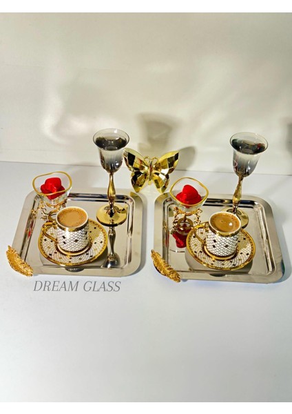 6'lı Kare Gold Tüy Detaylı Çay & Kahve & Sunum Tepsisi modelleri