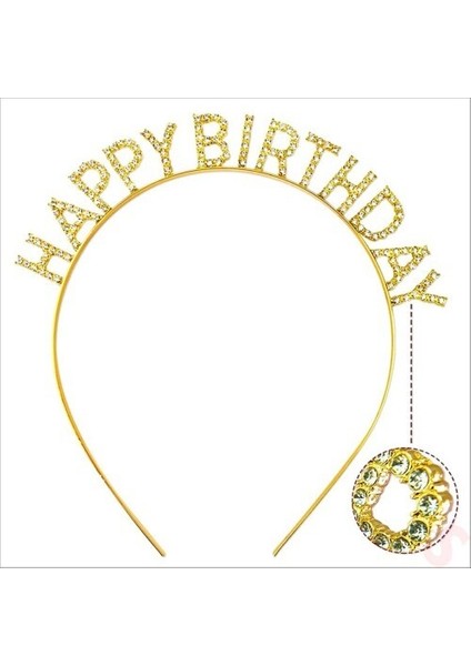 Altın Gold Renk Kristal Taşlı Parlak Happy Birthday Taç