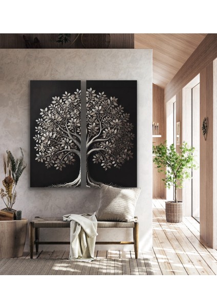 2li Eskitme Krom Ağaç Kanvas Tablo 60 x 120 cm x 2