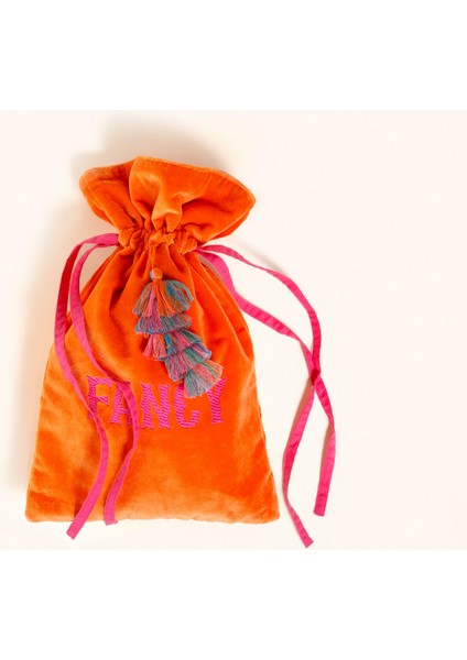 Delhı Püsküllü Nakışlı Orta Boy Pamuk Pamuk Dekoratif Kese 40x25 Cm Turuncu