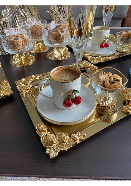 2'li Kahve & Çay & Sunum Tepsisi Metal Döküm Kare Gold Tepsi Gül Model