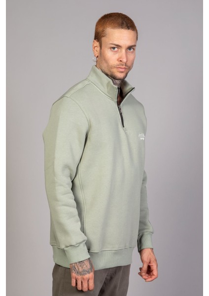 Erkek Regular Fit Dik Yaka Fermuarlı Baskılı Su Yeşili Sweatshirt