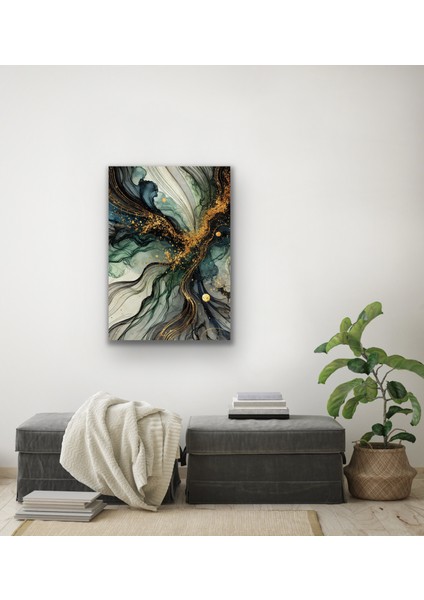 Yeşil Mavi Gold Soyut Kanvas Tablo 70 x 100 cm