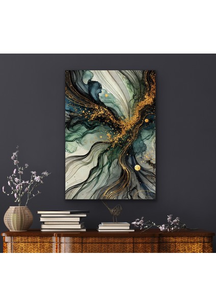 Yeşil Mavi Gold Soyut Kanvas Tablo 70 x 100 cm