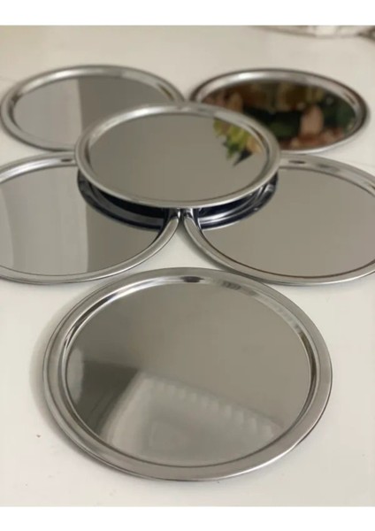 6'lı 22 cm Yuvarlak Gümüş Sunum Tepsisi Dekoratif Servis Tepsisi Çay, Kahve, Pasta