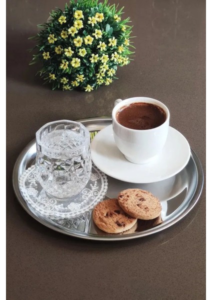 6'lı 22 cm Yuvarlak Gümüş Sunum Tepsisi Dekoratif Servis Tepsisi Çay, Kahve, Pasta