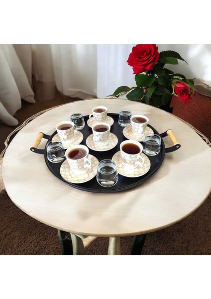 Tepsi -Ahşap Kulplu Büyük Boy Metal Çay Tepsisi Kahve Tepsisi Sunum Kahvaltı Tepsisii-40 cm