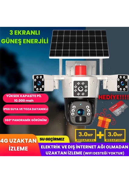 Solar Güvenlik Kamerası Güneş Panelli Çift Lensli 4g Sim Kart Destekli 10.000 Mah Batarya 6 mp Full Hd Görüntü Kalitesi