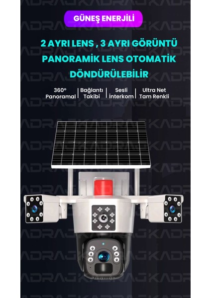 Solar Güvenlik Kamerası Güneş Panelli Çift Lensli 4g Sim Kart Destekli 10.000 Mah Batarya 6 mp Full Hd Görüntü Kalitesi